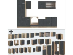 Vicco R-Line Küchenzeile Schwarz Beton/Goldkraft Eiche 300 cm AP Marmor ohne E-Geräte