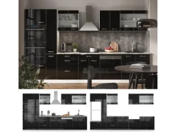 Vicco R-Line Küchenzeile Schwarz Hochglanz/Weiß 350 cm mit HochschrankAP Eiche ohne E-Geräte