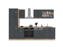 Vicco R-Line Küchenzeile Schwarz Beton/Goldkraft Eiche 300 cm AP Eiche ohne E-Geräte