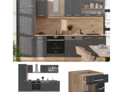 Vicco R-Line Küchenzeile Schwarz Beton/Goldkraft Eiche 300 cm AP Eiche ohne E-Geräte