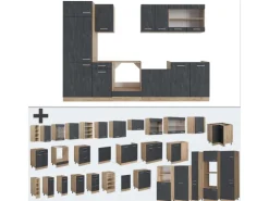 Vicco R-Line Küchenzeile Schwarz Beton/Goldkraft Eiche 300 cm AP Eiche ohne E-Geräte