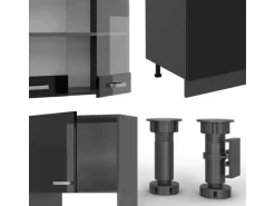 Vicco R-Line Küchenzeile Schwarz Hochglanz/Anthrazit 300 cm mit HochschrankAP Marmor ohne E-Geräte