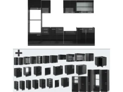 Vicco R-Line Küchenzeile Schwarz Hochglanz/Anthrazit 300 cm mit HochschrankAP Marmor ohne E-Geräte