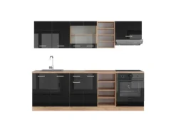 Vicco R-Line Küchenzeile Schwarz Hochglanz/Goldkraft Eiche 240 cm ohne Arbeitsplatte ohne E-Geräte