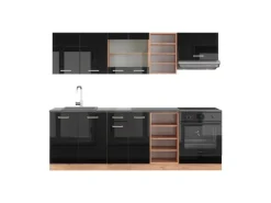 Vicco R-Line Küchenzeile Schwarz Hochglanz/Goldkraft Eiche 240 cm AP Anthrazit ohne E-Geräte