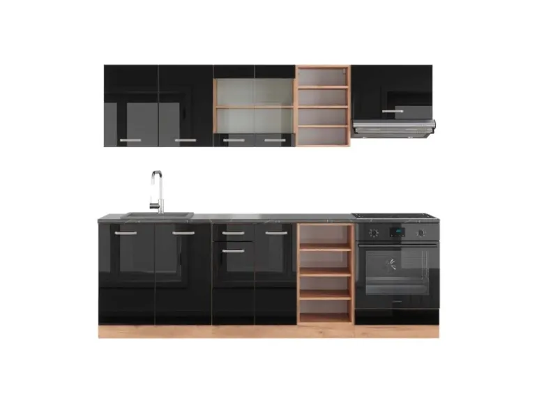 Vicco R-Line Küchenzeile Schwarz Hochglanz/Goldkraft Eiche 240 cm AP Anthrazit ohne E-Geräte