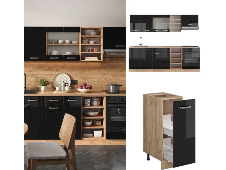 Vicco R-Line Küchenzeile Schwarz Hochglanz/Goldkraft Eiche 240 cm AP Anthrazit ohne E-Geräte