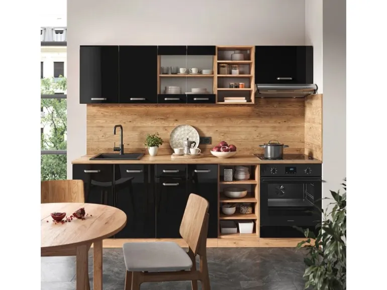 Vicco R-Line Küchenzeile Schwarz Hochglanz/Goldkraft Eiche 240 cm AP Anthrazit ohne E-Geräte