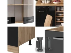 Vicco R-Line Küchenzeile Schwarz Hochglanz/Goldkraft Eiche 240 cm AP Anthrazit ohne E-Geräte