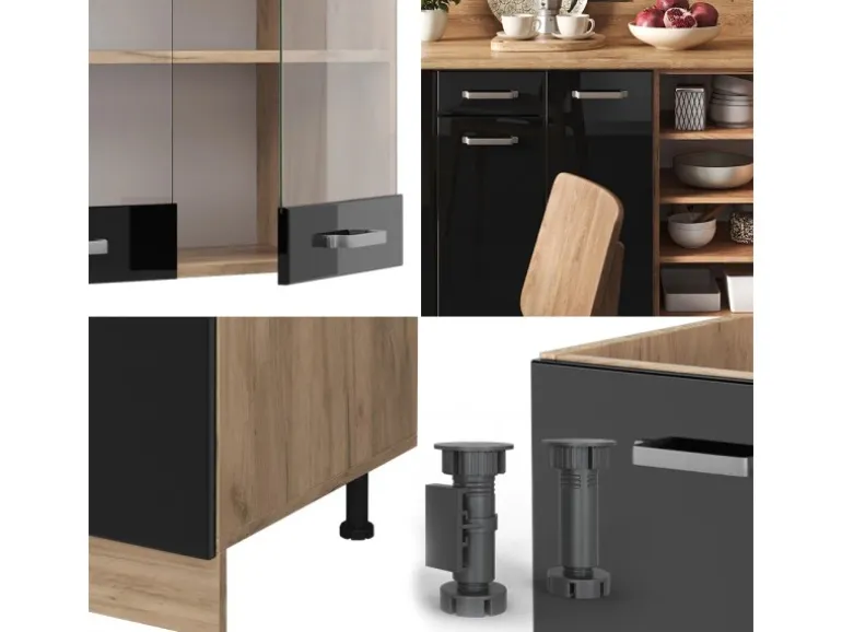 Vicco R-Line Küchenzeile Schwarz Hochglanz/Goldkraft Eiche 240 cm AP Anthrazit ohne E-Geräte