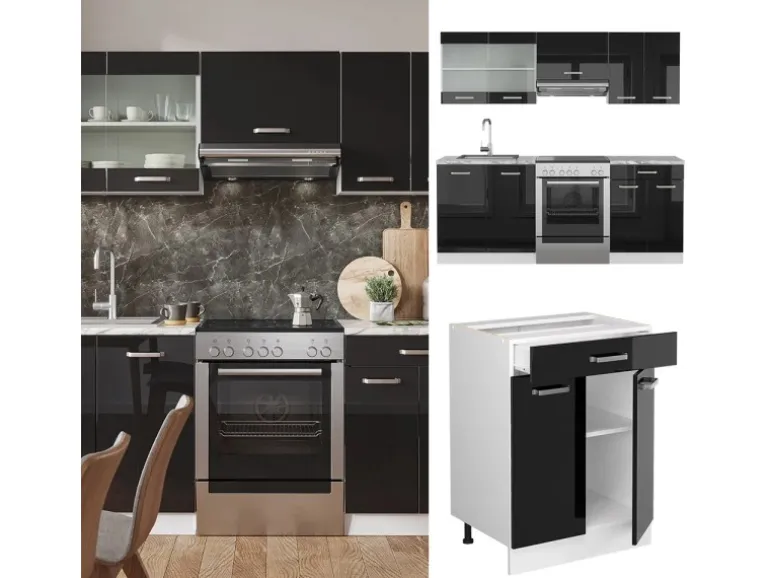 Vicco R-Line Küchenzeile Schwarz Hochglanz/Weiß 200 cm AP Anthrazit ohne E-Geräte