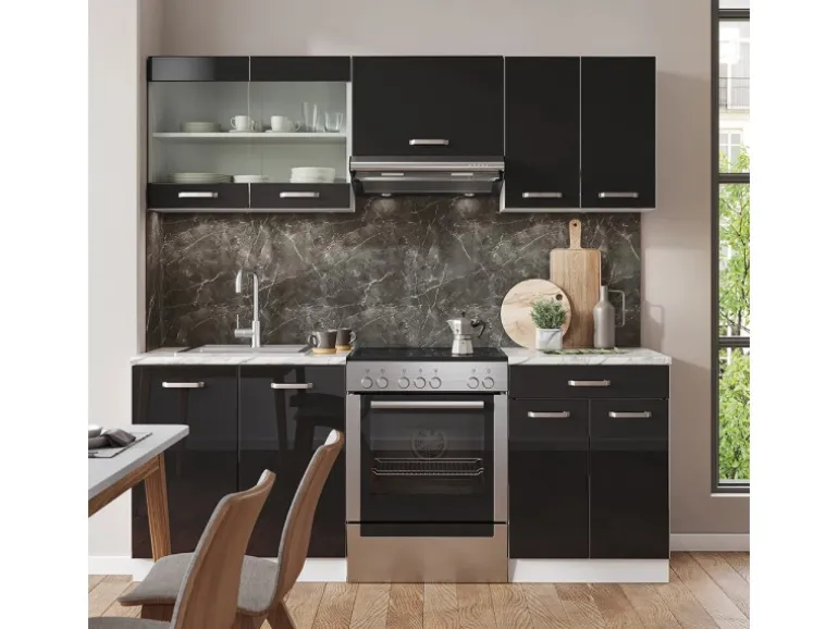 Vicco R-Line Küchenzeile Schwarz Hochglanz/Weiß 200 cm AP Anthrazit ohne E-Geräte