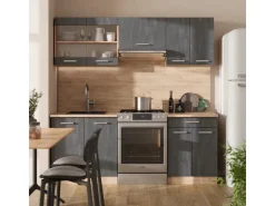 Vicco R-Line Küchenzeile Schwarz Beton/Goldkraft Eiche 200 cm AP Marmor ohne E-Geräte