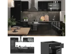 Vicco R-Line Küchenzeile Schwarz Hochglanz/Anthrazit 300 cm AP Marmor ohne E-Geräte