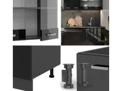 Vicco R-Line Küchenzeile Schwarz Hochglanz/Anthrazit 300 cm AP Marmor ohne E-Geräte