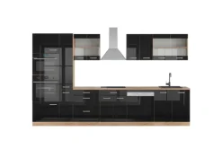 Vicco R-Line Küchenzeile Schwarz Hochglanz/Goldkraft Eiche 350 cm mit Hochschrankohne Arbeitsplatte ohne E-Geräte