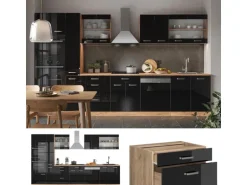 Vicco R-Line Küchenzeile Schwarz Hochglanz/Goldkraft Eiche 350 cm mit Hochschrankohne Arbeitsplatte ohne E-Geräte