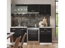 Vicco R-Line Küchenzeile Schwarz Hochglanz/Weiß 200 cm AP Eiche ohne E-Geräte