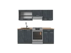 Vicco R-Line Küchenzeile Schwarz Beton/Anthrazit 200 cm AP Eiche ohne E-Geräte