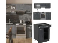 Vicco R-Line Küchenzeile Schwarz Beton/Anthrazit 200 cm AP Eiche ohne E-Geräte