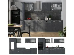 Vicco R-Line Küchenzeile Schwarz Beton/Anthrazit 350 cm AP Eiche ohne E-Geräte