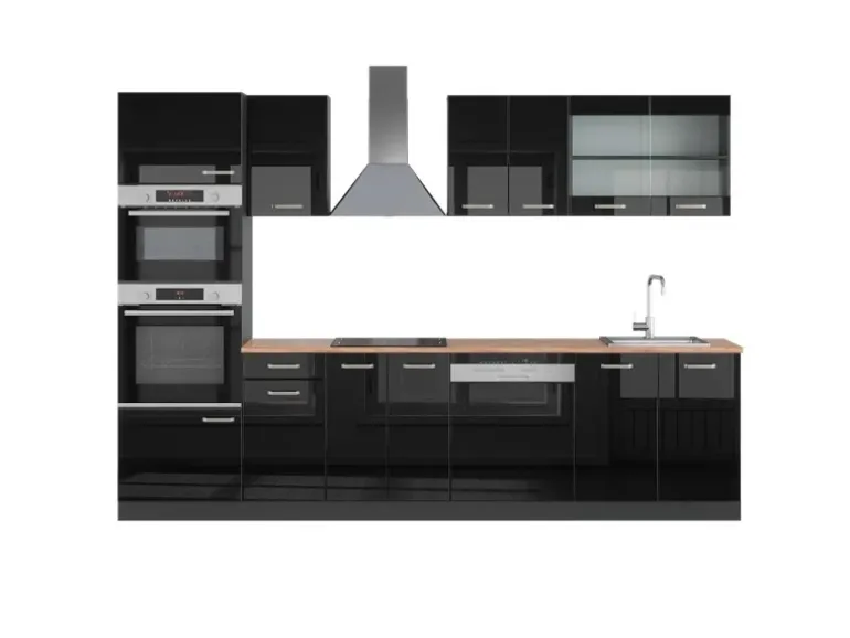 Vicco R-Line Küchenzeile Schwarz Hochglanz/Anthrazit 300 cm mit HochschrankAP Eiche ohne E-Geräte
