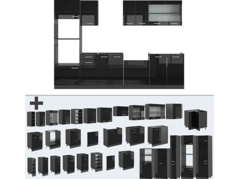 Vicco R-Line Küchenzeile Schwarz Hochglanz/Anthrazit 300 cm mit HochschrankAP Eiche ohne E-Geräte