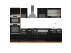 Vicco R-Line Küchenzeile Schwarz Hochglanz/Goldkraft Eiche 300 cm mit HochschrankAP Anthrazit ohne E-Geräte