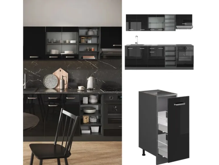 Vicco R-Line Küchenzeile Schwarz Hochglanz/Anthrazit 240 cm ohne Arbeitsplatte ohne E-Geräte