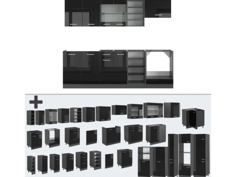 Vicco R-Line Küchenzeile Schwarz Hochglanz/Anthrazit 240 cm ohne Arbeitsplatte ohne E-Geräte
