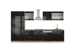 Vicco R-Line Küchenzeile Schwarz Hochglanz 350 cm mit HochschrankAP Eiche ohne E-Geräte