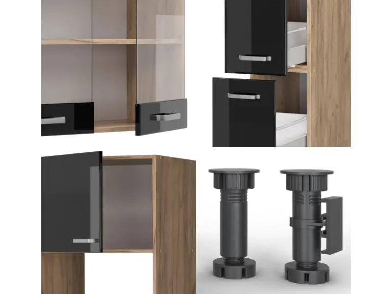 Vicco R-Line Küchenzeile Schwarz Hochglanz 350 cm mit HochschrankAP Eiche ohne E-Geräte