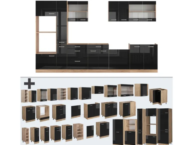 Vicco R-Line Küchenzeile Schwarz Hochglanz 350 cm mit HochschrankAP Eiche ohne E-Geräte