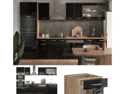 Vicco R-Line Küchenzeile Schwarz Hochglanz/Goldkraft Eiche 300 cm mit HochschrankAP Eiche ohne E-Geräte