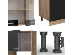 Vicco R-Line Küchenzeile Schwarz Hochglanz/Goldkraft Eiche 300 cm mit HochschrankAP Eiche ohne E-Geräte