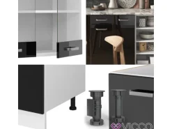 Vicco R-Line Küchenzeile Schwarz Hochglanz 240 cm AP Marmor ohne E-Geräte