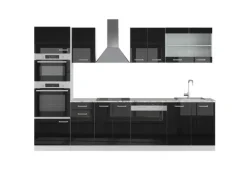 Vicco R-Line Küchenzeile Schwarz Hochglanz 300 cm mit HochschrankAP Marmor ohne E-Geräte