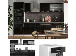 Vicco R-Line Küchenzeile Schwarz Hochglanz 300 cm mit HochschrankAP Marmor ohne E-Geräte