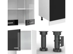 Vicco R-Line Küchenzeile Schwarz Hochglanz 300 cm mit HochschrankAP Marmor ohne E-Geräte