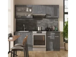 Vicco R-Line Küchenzeile Schwarz Beton/Anthrazit 200 cm AP Marmor ohne E-Geräte