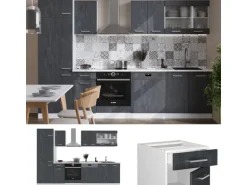 Vicco R-Line Küchenzeile Schwarz Beton/Weiß 300 cm AP Marmor ohne E-Geräte