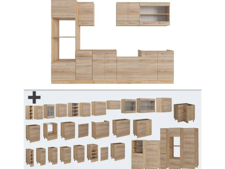 Vicco R-Line Küchenzeile Sonoma/Goldkraft Eiche 300 cm mit HochschrankAP Eiche ohne E-Geräte