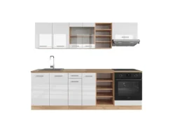 Vicco R-Line Küchenzeile Weiß Hochglanz/Goldkraft Eiche 240 cm ohne Arbeitsplatte ohne E-Geräte