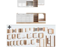 Vicco R-Line Küchenzeile Weiß Hochglanz/Goldkraft Eiche 240 cm ohne Arbeitsplatte ohne E-Geräte