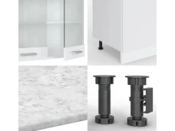 Vicco R-Line Küchenzeile Weiß 300 cm mit HochschrankAP Marmor ohne E-Geräte