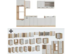 Vicco R-Line Küchenzeile Weiß Landhaus/Goldkraft Eiche 300 cm mit HochschrankAP Eiche ohne E-Geräte