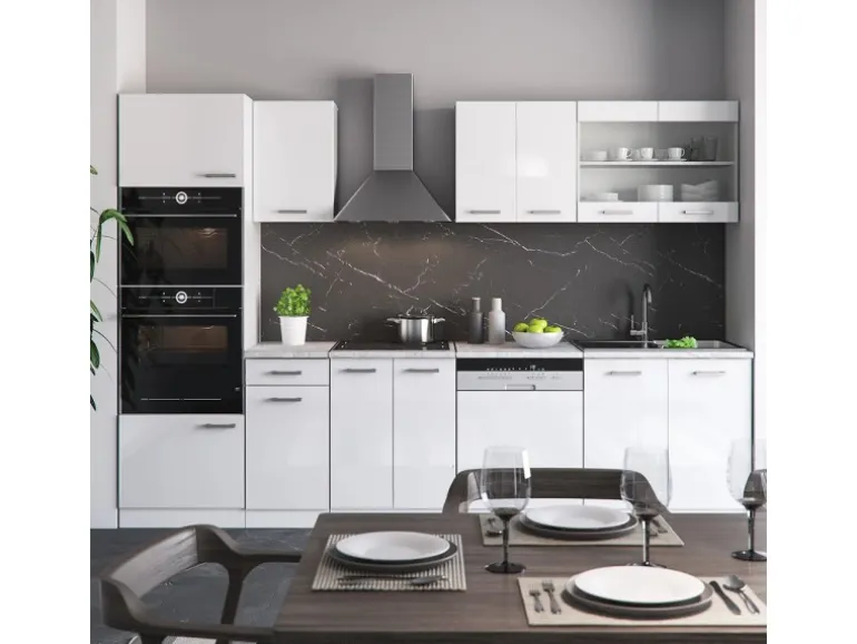 Vicco R-Line Küchenzeile Weiß Hochglanz/Weiß 300 cm mit HochschrankAP Anthrazit ohne E-Geräte