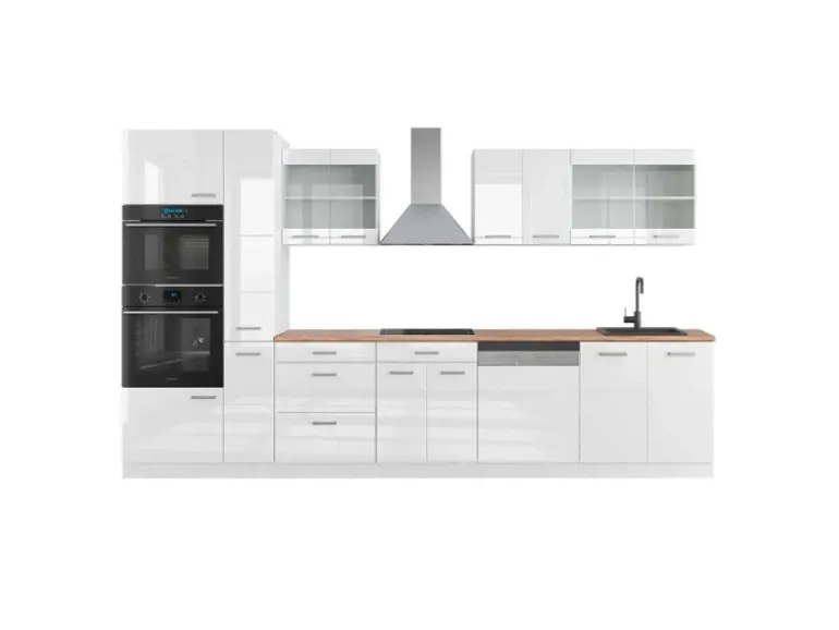 Vicco R-Line Küchenzeile Weiß Hochglanz/Weiß 350 cm mit HochschrankAP Eiche ohne E-Geräte