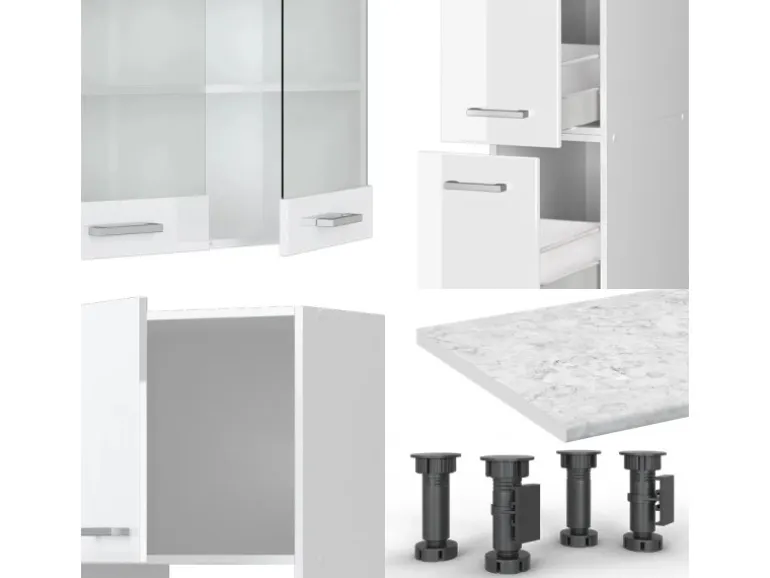 Vicco R-Line Küchenzeile Weiß Hochglanz/Weiß 350 cm mit HochschrankAP Eiche ohne E-Geräte