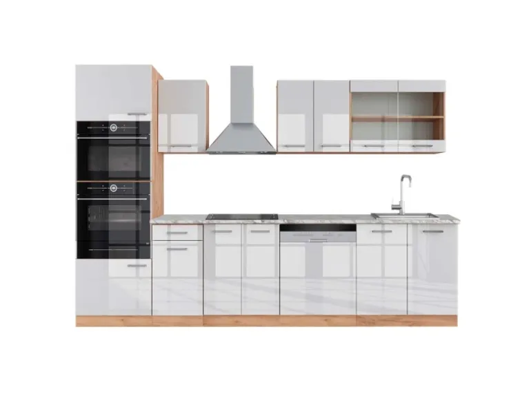 Vicco R-Line Küchenzeile Weiß Hochglanz/Goldkraft Eiche 300 cm mit HochschrankAP Marmor ohne E-Geräte